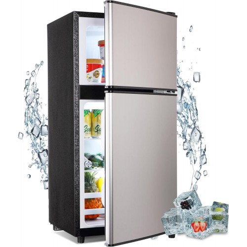 Mini Fridge with Freezer, 3.5 Cu. Ft. Apartment Size Refrigerator with Freezer, Dorm Fridges with Freezer Adjustable Thermostat, Small Refrigerator for Apartment, Office, Kitchen, Dorm, Silver