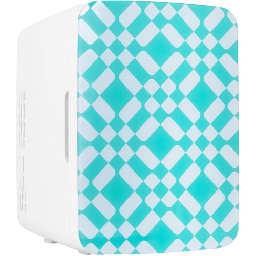 10L Mini Fridge for Bedroom - Car, Office Desk & Dorm Room - 12v Portable Cooler & Warmer for Food, Drinks, Skincare, Beauty & Makeup - AC/DC Small Refrigerator with Glass Front, Green Pattern
